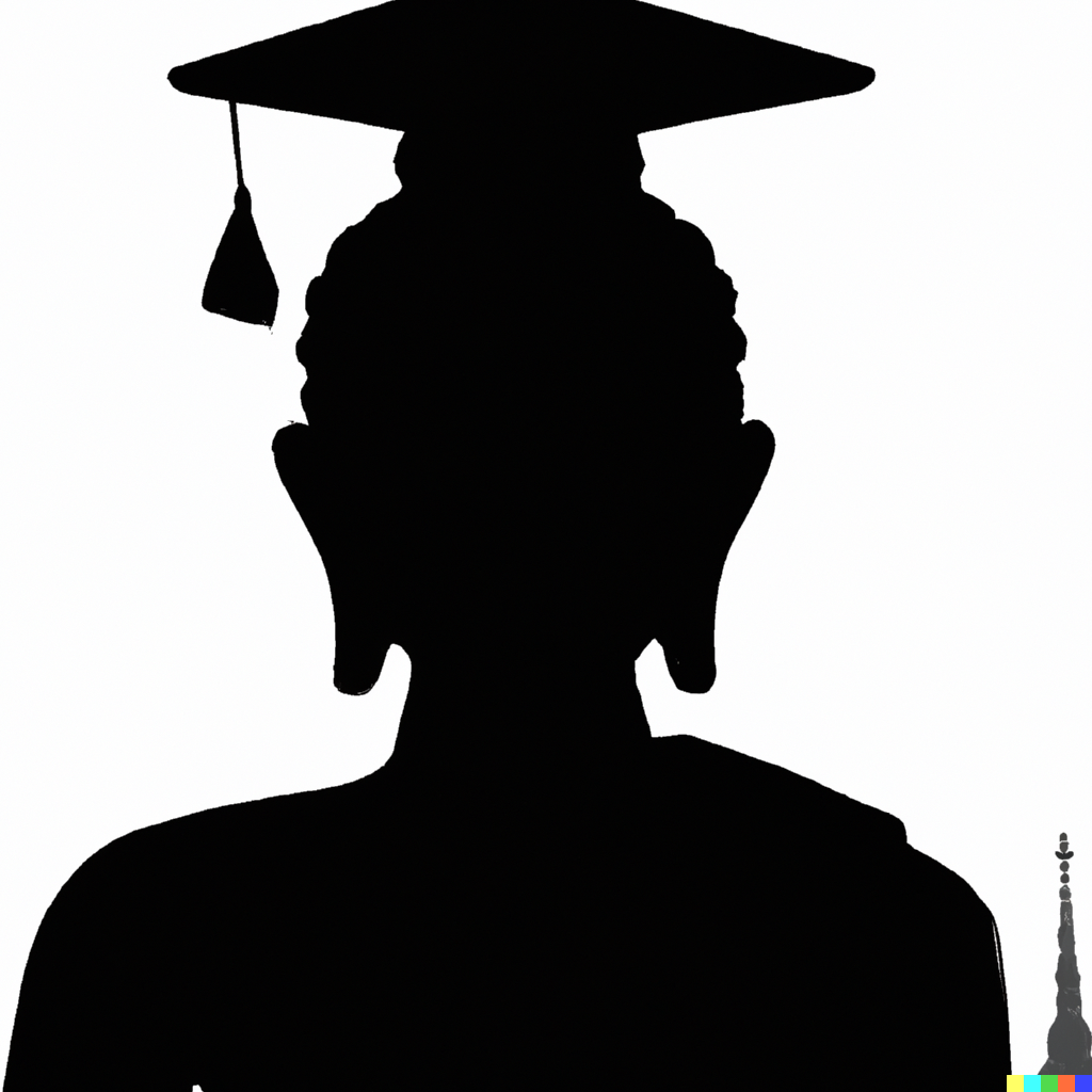 Silhouette of Buddha wearing a convocation hat.