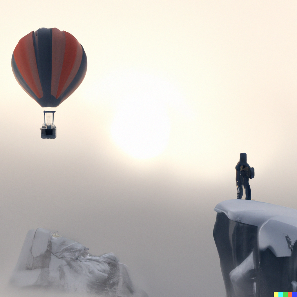 A person standing on a snowy mountain seems to be looking at a hot air balloon in the sky.